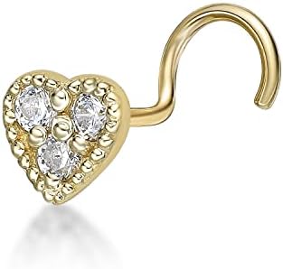 20 Gauge Cubic Zirconia Curved Screw Milgrain Heart Nose Ring in 10k Yellow Gold CZ Unisex Stud Nose Ring Hypoallergenic 20G Body Piercing by Lavari Jewelers