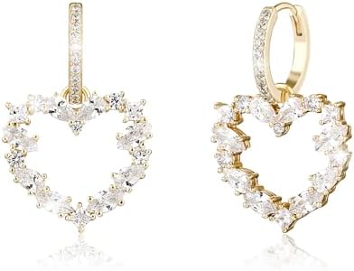 14K Gold-Plated Heart Hoop Dangle Earrings with Cubic Zirconia on Sterling Silver Hinged Hoops for Women's Delight in Valentine's Day Design