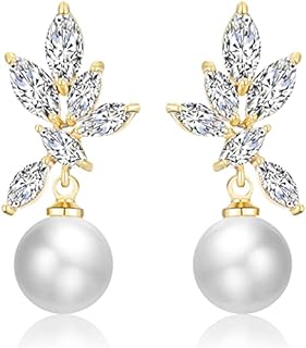 UILZ Cubic Zirconia Pearl Dangle Earrings for Women,Teardrop Leaf Rhinestone Wedding Bridal Earrings for Bridesmaids Brides,Crystal Rhinestones Dangle Earrings Prom Jewelry