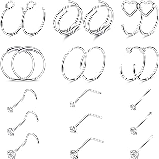 Besteel 21Pcs 22G Nose Rings Hoops 20G Surgical Steel Nose Studs Nostril Nose Piercings Jewelry for Women Men Heart Double Nose Ring Hoop for Single Piercing 1.5mm 2mm 2.5mm CZ