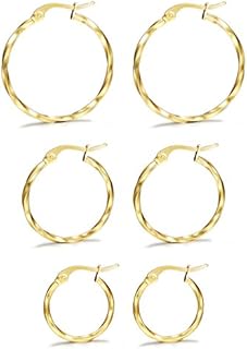 LOYALLOOK 3Pairs Stainless Steel Twisted Gold Silver Small Hoop Earrings Set for Women 15-25mm
