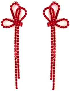 Dazzling Red Dangle Earrings with Rhinestones & Brass Push Back for Women, Classic Bow Chandelier Design