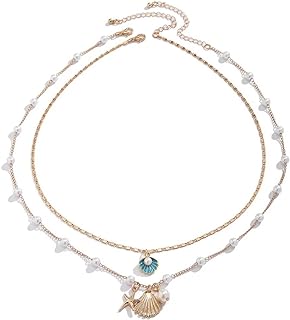 Seashell Necklace Gold Starfish Necklace Bohemian Beach Imitation Pearl Necklaces For Women Girls Summer Layered Sequins Starfish Shell Beaded Choker Necklace Party Holiday Jewelry Gifts