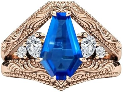 Coffin Shaped Blue Sapphire Engagement Ring Set 3.5 CT Art Deco Milgrain Blue Sapphire Wedding Ring Set 14k Gold Vintage Bridal Ring Set For Women
