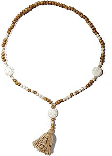 Bohemian Handmade Long Wooden Bead Sweater Chain Tassel Necklaces Vintage Ethnic Style Lightweight Natural Wood Beaded Star Butterfly Heart Peace Turquoise Pendant Necklace for Women Girls Jewelry