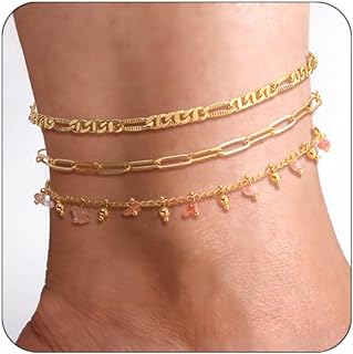 14K Pink Zircon Gemstone Anklet Set with Link Chain & Lobster Claw Clasp for Women - Figaro, Paperclip & Green Bead Designs in Gold