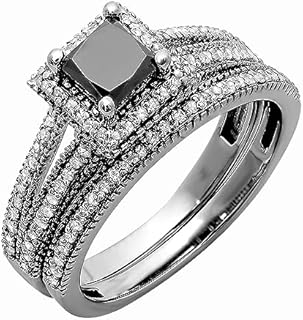 Princess Black Diamond and Round White Diamond Split Shank Halo Wedding Ring Set in 14K Solid Gold for Women - Size 5 - Engagement Elegance Design