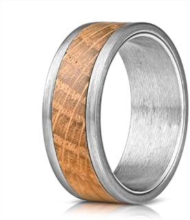 Men's Premium Silver Tungsten Carbide Wedding Ring - Refined Barrel Wood Inlay Design, Including Comfort Fit, Silicon Band, Leather Pouch, & Walnut Box
