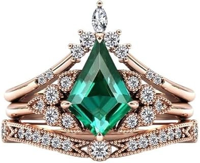 Vintage Sterling Silver 1 CT Kite-Cut Emerald Engagement Ring Set, 3-Piece Filigree Design Bridal Set for Women, Unique Antique Anniversary/Promise Rings