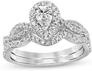 14K Gold Twisted Engagement Ring with Pear-Shaped Moissanite for Women, Classic Halo Bridal Set - Free Engraving