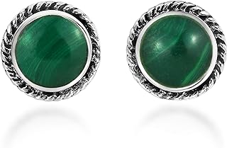 AeraVida Boho Round Button Malachite .925 Sterling Silver Stud Earrings | Green Malachite Stud Earrings | Sterling Silver Stud Earrings for Women | Boho Stud Earrings for Women Sterling Silver