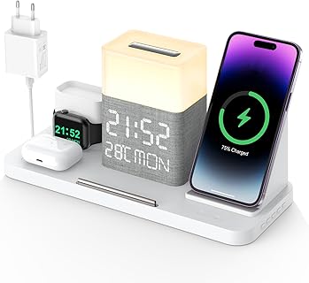 ATEVENSE Station de Charge 6 en 1 avec Horloge, Chargeur sans Fil pour iPhone, Apple Watch et Airpods, Veilleuse Réglable, Synchronisation Température, Adaptateur 30W, Idéale pour Tous