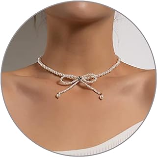 Pearl Choker Necklace for Women Girls, Vintage Elegant White Ribbon Bow Pearl Beaded Chain Necklace Trendy Simple Rhinestone Wedding Necklaces Jewelry Gifts