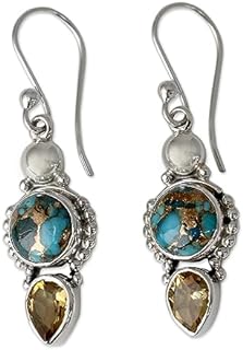 NOVICA Artisan Handmade Citrine Dangle Earrings Crafted Sterling Silver Reconstituted Turquoise Yellow Blue India Birthstone [1.6 in L x 4.3 in W] ' Summer Sunset'