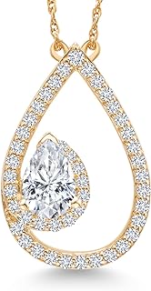 Spring-Ring-Clasp 10K Yellow Gold Teardrop Pendant with White Moissanite & Lab Grown Diamonds for Women, Pear Shape / Elegant Design, 18 Inch Chain