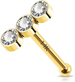Unisex 14K Solid Gold Nose Stud with Cubic Zirconia - Gold-Plated Brass Nose Ring - Hypoallergenic, Nickel-free Body Piercing Jewelry