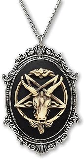 Satanic Baphomet Antiqued Goat Head Cameo Bone Pendant Necklace with Curb Chain & Spring Ring Clasp in Pewter Metal