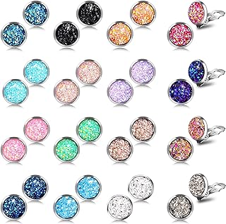 16 Pairs Faux Druzy Clip on Stud Earrings for Women Girls Colorful Non Pierced Round Studs Earrings for Sensitive Ears Clip Earrings Set (0.8 cm)