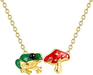 Green Frog Red Mushroom Pendant-Necklace for Women-Girls - Gold/Silver Plated Cute Frog Mushroom Aesthetics Jewelry for Birthday/Christmas Gifts,Chain Length 16inch with extension chain 2inch.