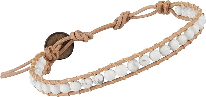 Infinityee888 Trendy Fashion Howlite Bead Bracelet Woven with Leather Cord 7.5 Inches Beautiful Handmade Hippie Bohemian