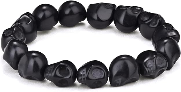 Unisex Stainless Steel Skull and Lava Rock Rope Chain Bracelet - Healing Agate Stretch Bracelet for Men & Women - Handmade 10mm Bead Design - Perfect for Birthday & Anniversary Gifts