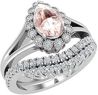 Morganite Engagement Ring - Wedding Ring Set for Women 14K Gold 8 mm Pear Shape (G,I1)