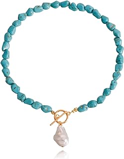 Darren' Irregular Natural Turquoise Necklace 16 Inch,Irregular Pearl Shape Pendant,Single Layered Necklaces for Women,Bohemian Necklace,Handmade Pendant