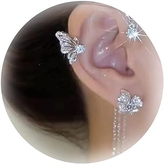 2PCS Butterfly Tassel Zircon Earrings For Women No Piercing Butterfly Flower Climber Wrap Earrings Fairy Butterfly Ear Clip Cuffs For Girls Jewelry Gifts