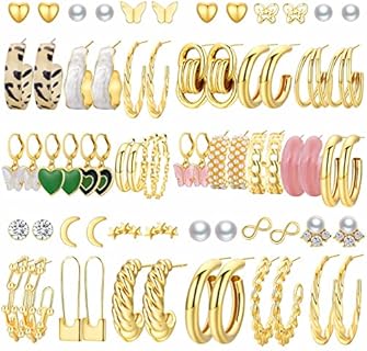 Gold-Plated Brass Hoop Earrings Set with Cubic Zirconia for Women, Clip-On Back Finding, Hypoallergenic, Assorted Designs - Pack of 34