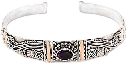 NOVICA Artisan Handmade Amethyst Bracelet Sterling Silver Gold Accent Cuff Indonesia Birthstone Balinese Traditional [6 in L (end to End) x 0.5 in W] ' Paradise'