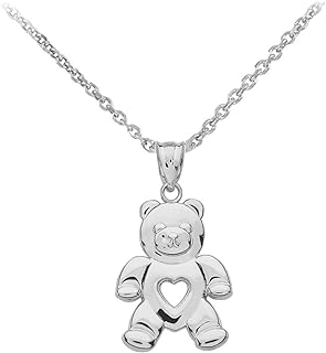 Spring Ring Sterling Silver Teddy Bear Pendant Necklace with Rolo Chain for stylish women, Love Heart Design