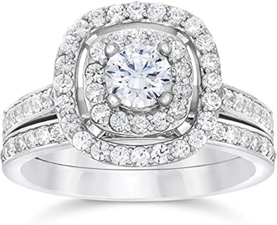 1 1/2ct Double Cushion Halo Real Diamond Engagement Wedding Ring Set White Gold
