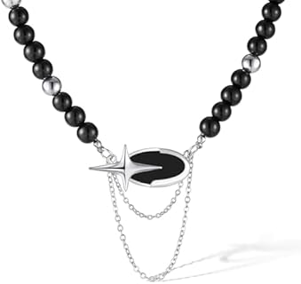 Adjustable Stainless Steel Star Locket Necklace with Lobster Claw Clasp and Ball Chain - Unisex Black Crystal Beaded & Gothic Pearl Design - Ideal for Women and Girls Gift
