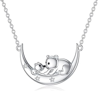 925 Sterling Silver Diamond Teddy Bear Pendant Necklace with Rolo Chain, Mother-Child Moon & Star Design, Perfect Gift for Women