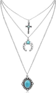 Western Cowgirl Cross Pendant Necklace with Lobster Clasp and Bar Chain, Embellished with Turquoise Gem for Women and Girls