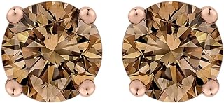 14K Yellow Gold Push Back Round Brilliant Cut Brown Diamond Stud Earrings for Men and Women - Elegance Redefined