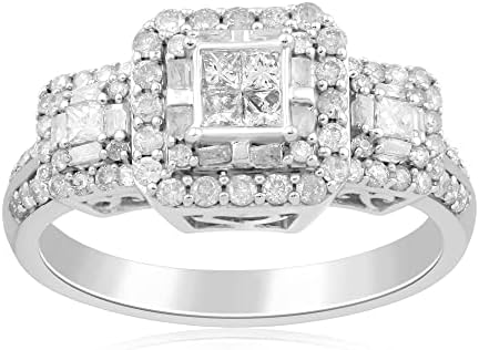 Jewelili 10K White Gold 1 Cttw Princess Cut Centre with Round and Baguette shape Natural White Diamonds Engagement Ring