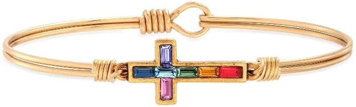 Luca + Danni S Hook Clasp Cross Bangle Bracelet with Box Chain for Women - Regular Size Brass Tone Crafted in the USA