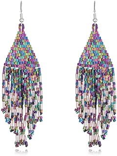 Color Boho Rice Beads Tassel Earrings.Multicolor Long Beaded Dangle Earrings Handmade Woven Drop Earrings Jewelry Gifts for Women Girls