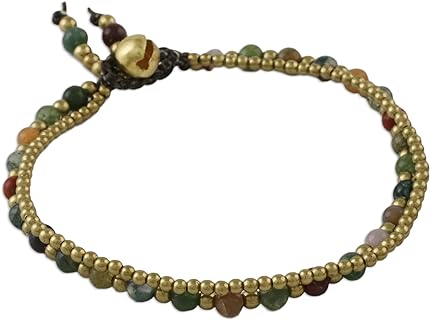 NOVICA Artisan Handmade Jasper Beaded Bracelet Unique Thai Brass Multicolor Green Thailand Bohemian Birthstone 'Harvest'