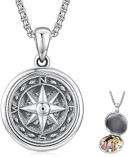 Sterling Silver Locket Necklace Compass Photo Locket Memory Pendant Necklace for Women Men Girls With Stainless Steel Pearl Chain 22+2inch(60cm)