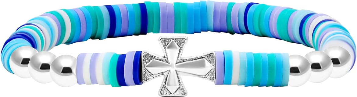 Polymer Clay Beaded Bracelet Cross Faith Bracelet Stretch Cord Bracelets Boho Summer Beach Jewelry Party Costume Matching Bracelet for Best Friend Sisters