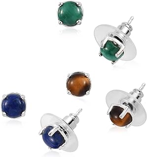SHOP LC DELIVERING JOY 925 Sterling Silver Set of 3 Tigers Eye Malachite Lapis Lazuli Stud Solitaire Multi Gemstone Earrings Crystal for Women Birthday Mothers Day/Gifts for Mom