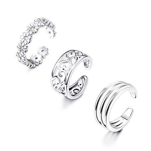 3Pcs 925 Sterling Silver Toe Rings for Women 18K White Gold Plated Daisy Cubic Zirconia Cuff Band Open Toe Rings Adjustable Toe Rings Summer Beach Foot Jewelry