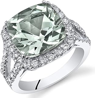 PEORA Green Amethyst Ring in Sterling Silver, Statement Halo Design, Cushion Cut, 4.75 Carats total, Comfort Fit, Sizes 5 to 9