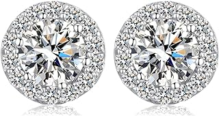 18K White Gold Plated Halo Stud Earrings with Push Back and Cubic Zirconia for Women, Round Design, Perfect for Valentine's Day or Mother's Day