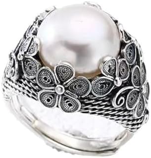 Pearl Ring for Women Statement Vintage Silver Freshwater Pearl Ring Chunky Statement Silver Thumb Rings Wedding Engagement Ring for Girls Promise Rings