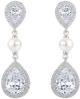 Women's Delicate Tear Drop Simulated Pearl Earrings with Cubic Zirconia Gem, Push Back Design, Ideal for Daily Wear or Special Occasions
