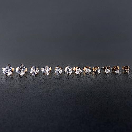 6 Pairs Surgical Stainless Steel Screw back Stud Earrings, 18K Gold Plated Heart Star Square Princess Cut Round Cubic Zirconia CZ Stud Earrings Set