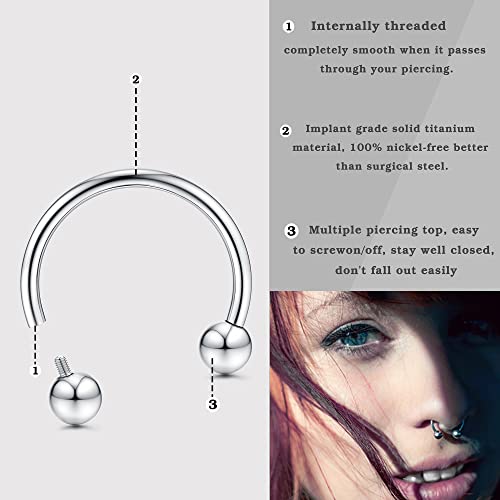 16g Septum Rings for Women Men, Implant Grade G23 Titanium Septum Ring, Internally Threaded Horseshoe Hoop Helix Daith Cartilage Tragus Earrings, Circular Barbell Piercing Jewelry for Eyebrow Lip Nipple Piercing Jewelry